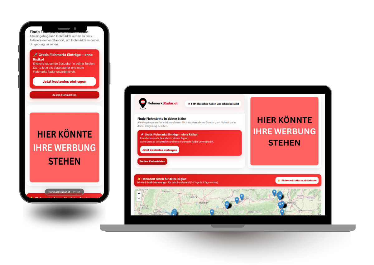 Werbeplatz Vorschau auf FlohmarktRadar.com für Desktop, Mobil und App